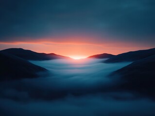 Wall Mural - sunset over mountains with fog