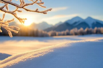 Wall Mural - winter landscape with snow-covered trees and mountains at sunrise