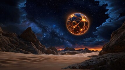 Wall Mural - Galactic landscape exploration desert terrain digital art night sky wide angle cosmic wonders