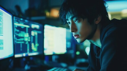 A male programmer in dark works on multiple monitors with code, the blurred background of the office at night.
