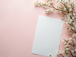 Wall Mural - White paper lying on pink surface with small white flowers decoration