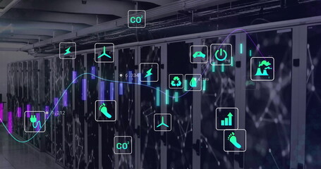 Wall Mural - Image of diagram and data processing over server room