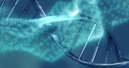 Wall Mural - image of light spots over dna strand on blue background