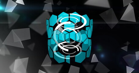 Wall Mural - rotating hexagonal shapes and circles, futuristic image over dark background