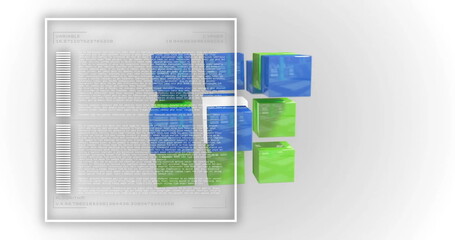 3D cubes in green and blue with text and code image over white background