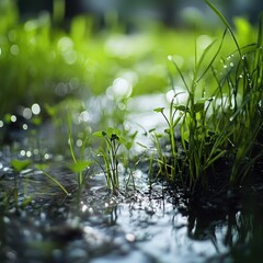 Poster - Freshly watered grass by a small stream