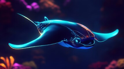 Poster - Bio luminescent Manta Ray Swims Through Ocean Reef