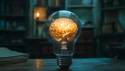 Wall Mural - White human brain inside a light bulb, glowing with energy, representing an idea sparking to life, futuristic design, highdefinition, Midjourney AI