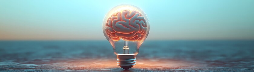 Wall Mural - Human brain inside a glowing white light bulb, representing a powerful idea, creative digital art, modern and futuristic, highly detailed, Midjourney v6