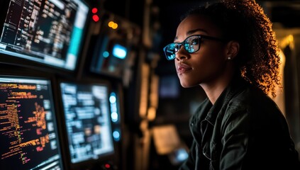 Woman Codes Complex Algorithms Nightly,  Solving Digital Puzzles with Focus and Determination.