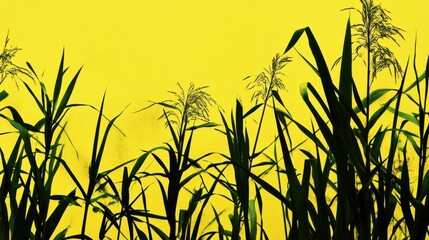 Poster - Dark Green Grasses Against Vibrant Yellow Background