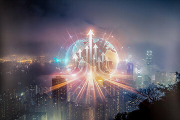 Aufkleber - Hong Kong's vibrant cityscape with a glowing globe and upward arrows, symbolizing business growth concept and growing up in a dynamic world.