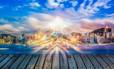 Aufkleber - Hong Kong cityscape with glowing arrows rising, representing business growth and the concept of growing up in a dynamic urban environment.