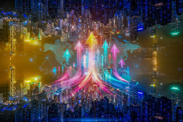 Aufkleber - Hong Kong's business concept is visualized with upward arrows over a cityscape and world map, symbolizing growing up and global expansion.