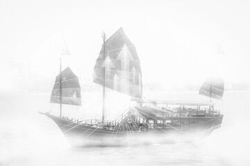 Aufkleber - A junk boat sailing represents business growth in Hong Kong. The upward arrows overlaying the vessel symbolize a concept of growing up and progress.