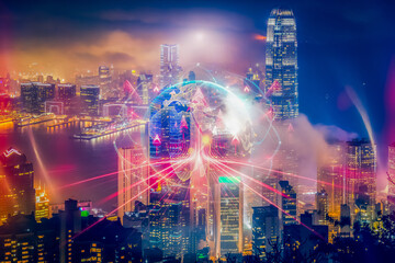 Fototapete - Vibrant Hong Kong cityscape at night, illuminated with glowing network lines. A visual concept of business growth and interconnectedness in a modern metropolis.