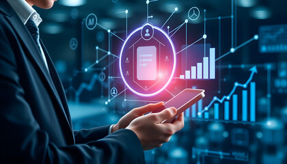 Business growth and internet technology. Business person using tablet computer. Network structure and graphs
