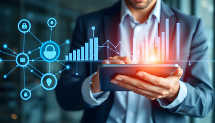 Business growth and internet technology. Business person using tablet computer. Network structure and graphs