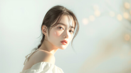 Aufkleber - 美肌の若くて可愛いアジア人女性モデルの美容ポートレート｜背景あり