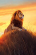 © wolfhound911 - Illustration of a majestic lion sitting atop a grassy hill at sunset, its mane flowing in the breeze. The warm colors of the setting sun create a powerful and serene mood in this regal moment.