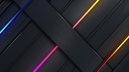 Poster - Luxury abstract black geometric texture with rainbow color neon light stripes, background banner web design webdesign