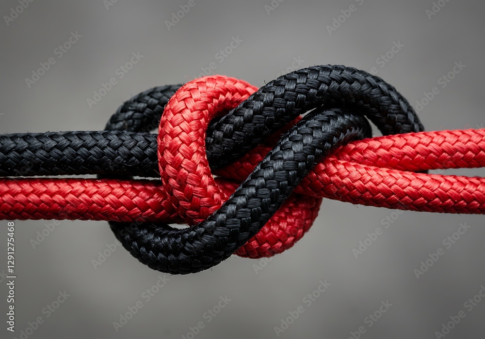 A close-up of two intertwined ropes, one red and one black, tied in a ...