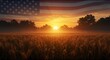 © ryandi - Wheat field at sunrise under an american flag backdrop
