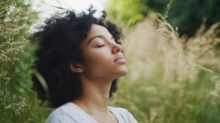 Wall Mural - Hypertension patient engaging in mindful breathing outdoors. Featuring stress relief and mindfulness