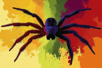 large spider with intricate details and vibrant colors, set against colorful abstract background, evokes sense of wonder and intrigue