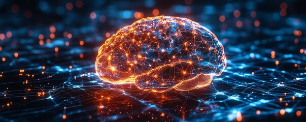 Poster - Scifi style illustration of a glowing brain model, showing active neural connections as bright lines, symbolizing advanced intelligence and tech, with a dark background