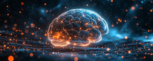 Poster - Scifi style illustration of a glowing brain model, showing active neural connections as bright lines, symbolizing advanced intelligence and tech, with a dark background
