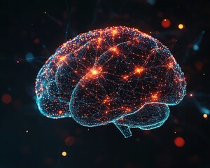 Poster - Concept art of a glowing brain model with neural activity, network connections appearing as vibrant lines, symbolizing tech intelligence and advanced cognition in a scifi setting