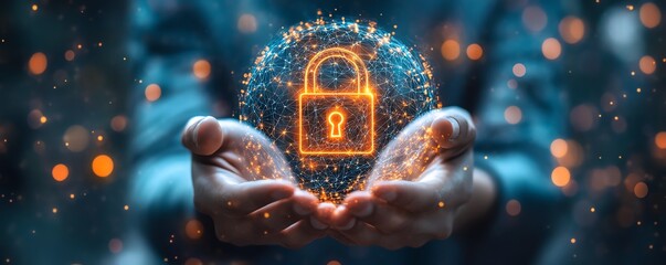 Fototapete - Concept art of a person presenting a glowing lock icon, representing data protection and cybersecurity, with a focus on digital transformation and secure virtual systems
