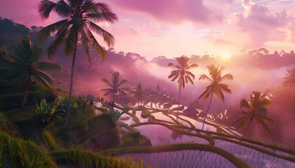 Aufkleber - A serene rice terrace glowing softly in the evening light, with farmers tending to radiant crops under a pastel sky