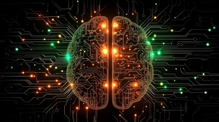 Poster - Creative illustration of a glowing brain with neural activity, network connections forming bright lines, showcasing intelligence and tech in a futuristic, dark background