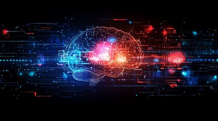 Poster - Creative illustration of a glowing brain with neural activity, network connections forming bright lines, showcasing intelligence and tech in a futuristic, dark background