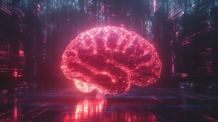 Poster - Creative illustration of a glowing brain with neural activity, network connections forming bright lines, showcasing intelligence and tech in a futuristic, dark background