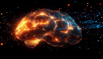 Poster - Digital artwork of a glowing brain with neural activity, where network connections appear as bright lines, illustrating intelligence and technology against a dark background
