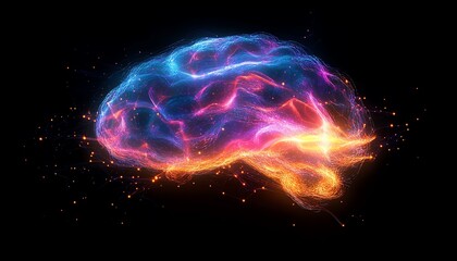 Poster - Digital artwork of a glowing brain with neural activity, where network connections appear as bright lines, illustrating intelligence and technology against a dark background