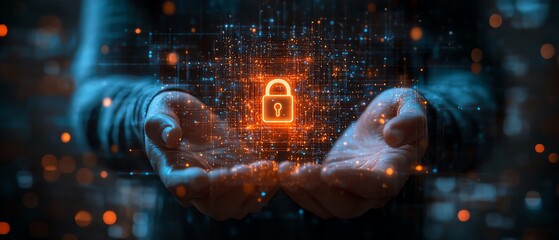 Leinwandbilder - Digital concept of a person presenting a glowing lock symbol, illustrating data protection, cybersecurity, and the ongoing digital transformation of business operations