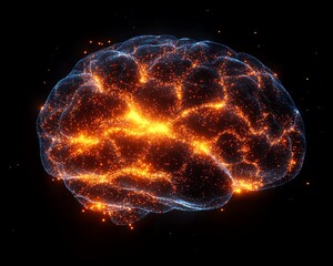 Aufkleber - Futuristic brain model glowing with neural activity, intricate network connections as bright lines, highlighting advanced intelligence and technology in a dark scifi concept