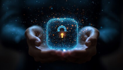 Aufkleber - Futuristic digital illustration of a businessperson holding a glowing virtual lock, symbolizing cybersecurity and modern data protection strategies in digital transformation