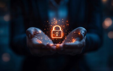 Fototapete - Futuristic visual of a businessperson holding a glowing lock icon