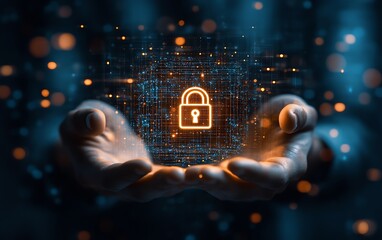 Fototapete - Futuristic visual of a businessperson holding a glowing lock icon