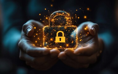 Aufkleber - Illustration of a businessperson holding a glowing lock icon, symbolizing cybersecurity, with a tech expert displaying the concept of data protection and digital transformation