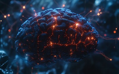 Poster - Illustration of a glowing brain model showing neural activity with bright network connections, highlighting intricate structure and tech intelligence on a dark scifi background