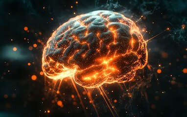 Poster - Illustration of a glowing brain model showing neural activity with bright network connections, highlighting intricate structure and tech intelligence on a dark scifi background