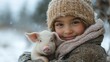 © Євген Луганський - Child joyfully holding a piglet in wintry landscape, showcasing warmth and connection amidst gentle snowfall