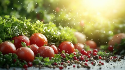 Freshly harvested tomatoes and greens arranged on a table with sunlight glistening in the background