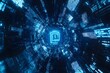 © ITrWorks - Glowing Lock Symbol in Digital Space Data Tunnel Perspective View